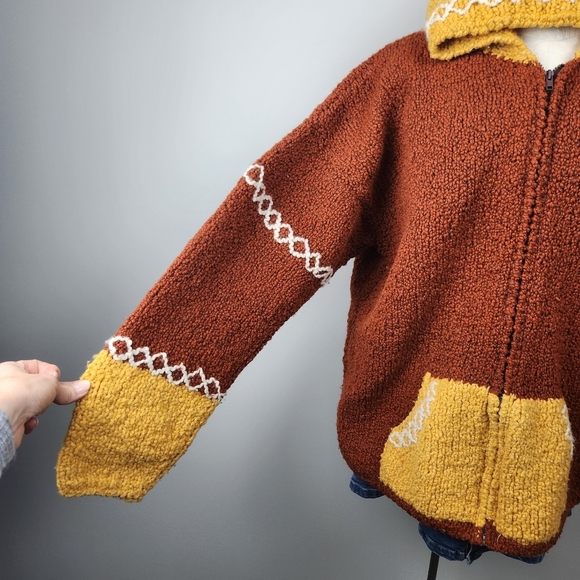 Hand Knit Chunky Hooded Wool Zip Jacket Size L Cozycore Brown Yellow Cozy Knit - Picture 4 of 12